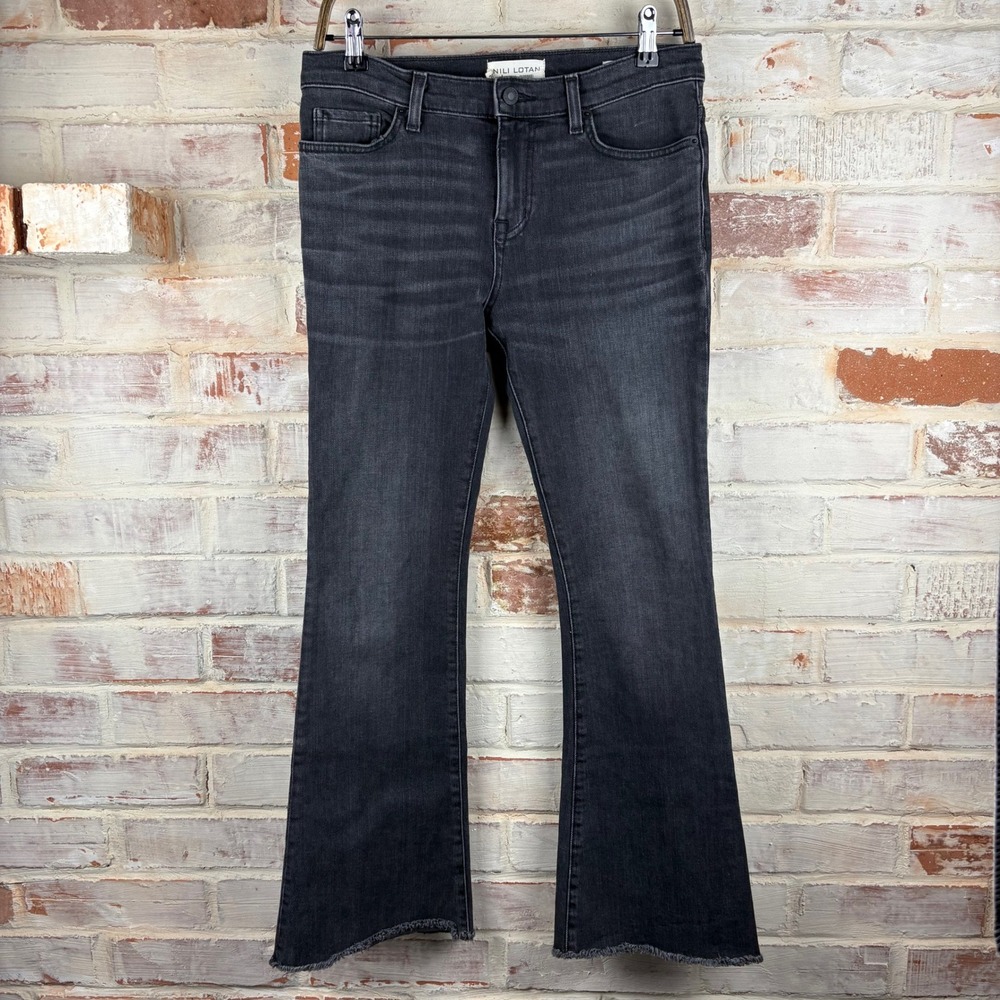 Nili Lotan Vianca Kick Flare Jeans Vintage Black Frayed Hem Sz 26 Designer Denim